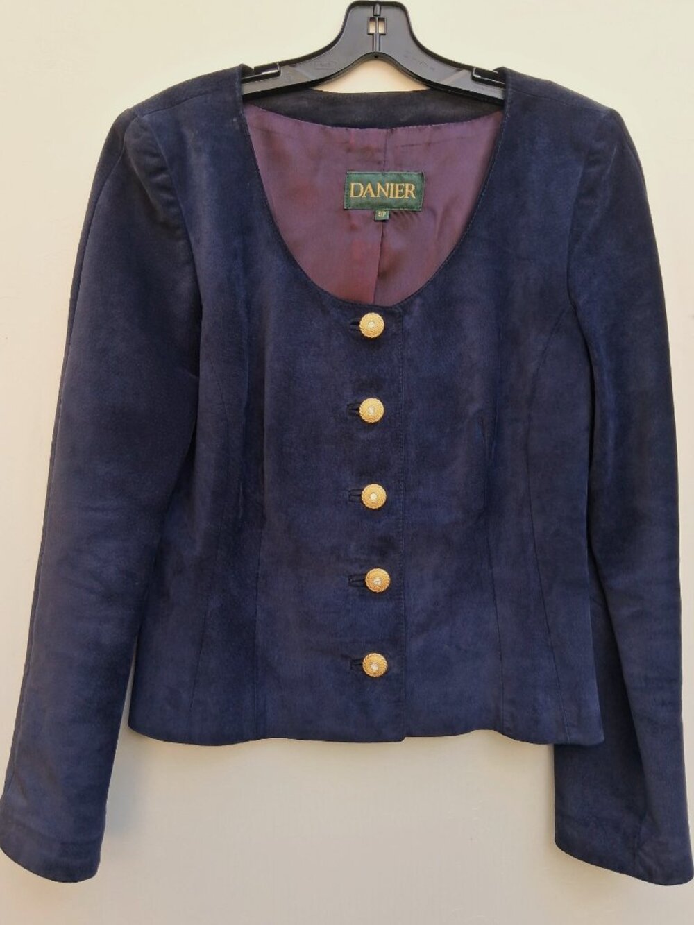 Vintage DANIER women suede collarless tailored button-front jacket, navy (s. S)
